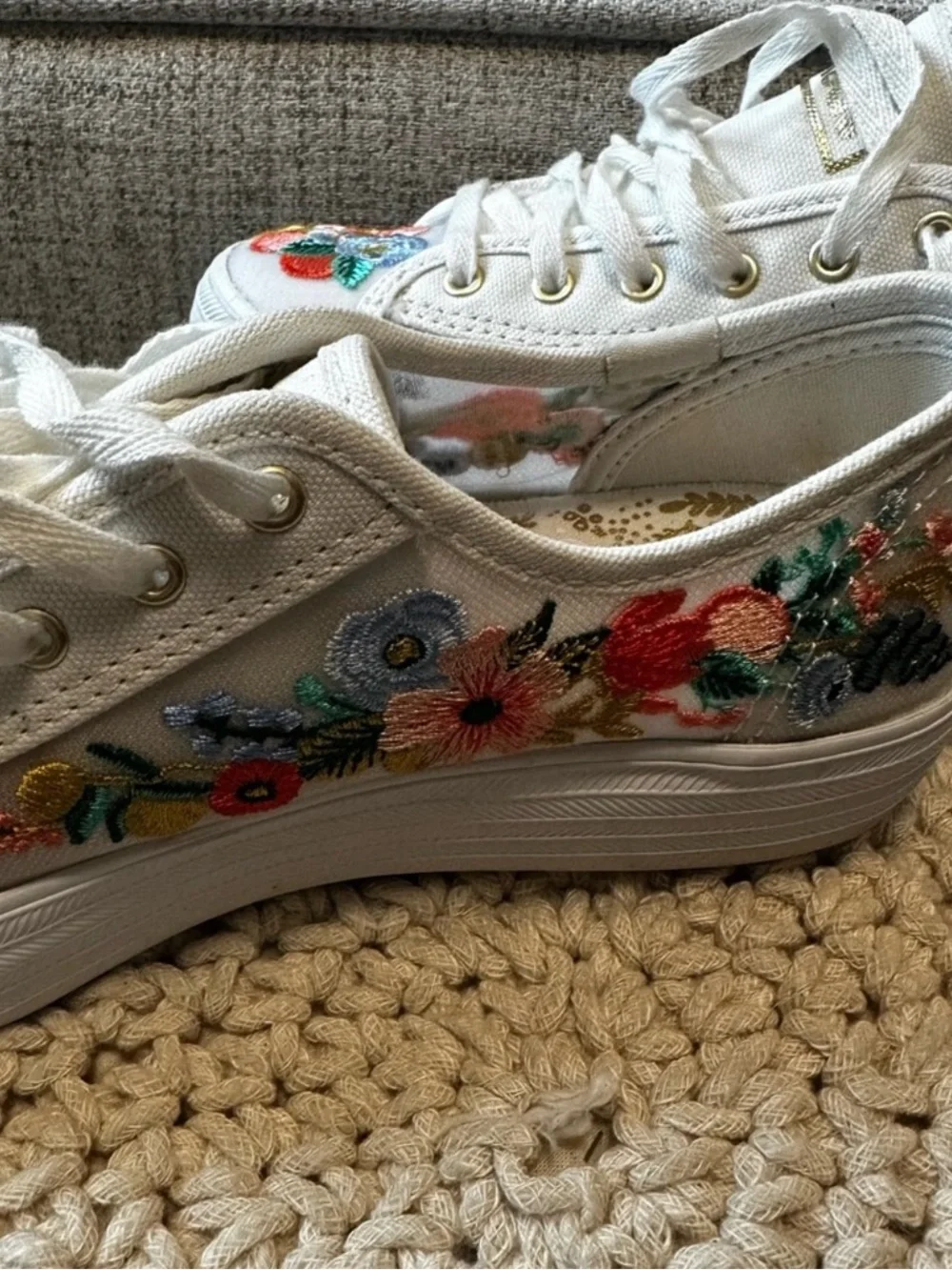 Keds Floral Embroidered Canvas Low-Top Sneakers in Cream 5.5